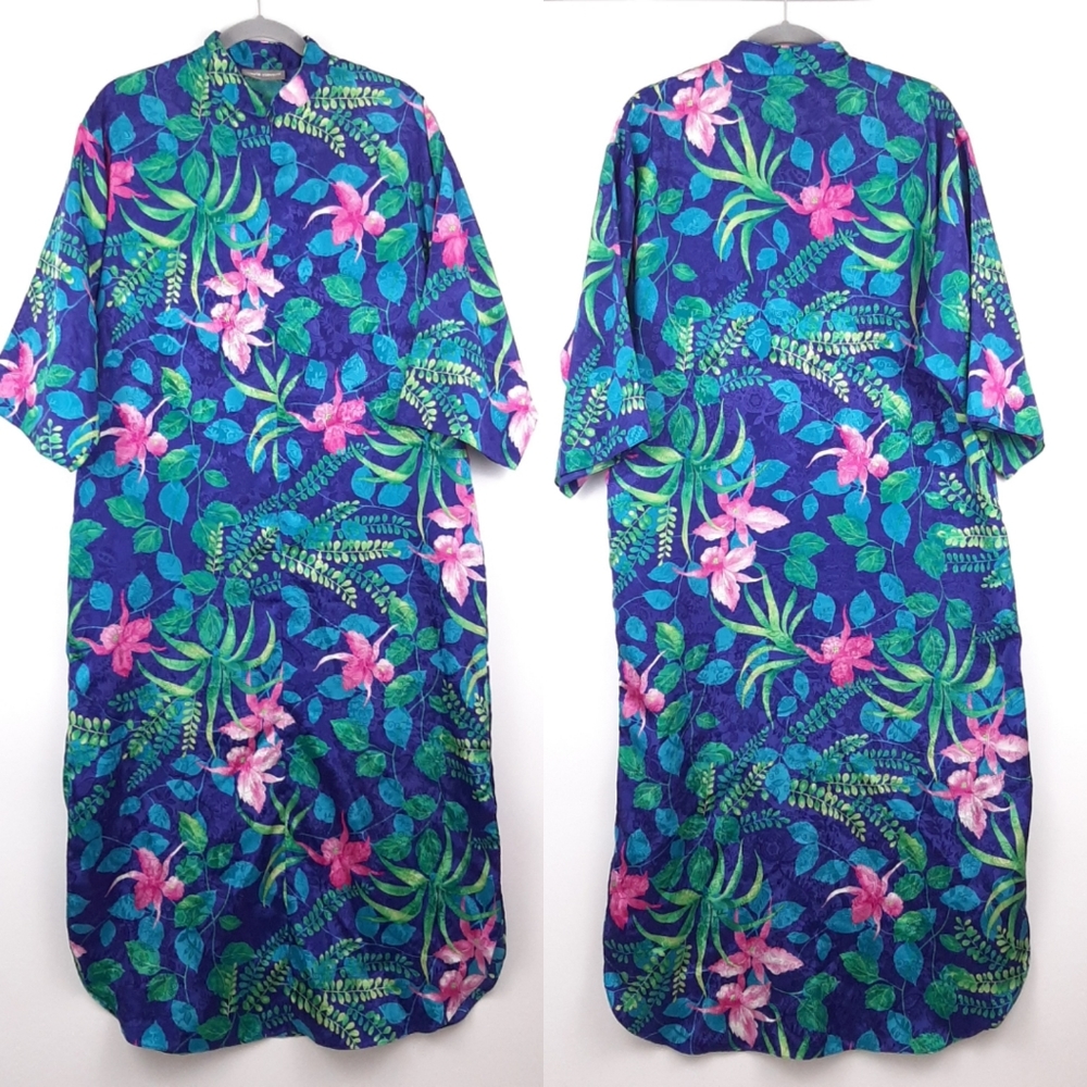 Valerie Stevens Tropical Floral Jacquard House Dress Mandarin Collar Size Small